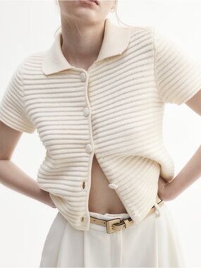 H&M White Short-Sleeve Ribbed Button-Up Cardigan